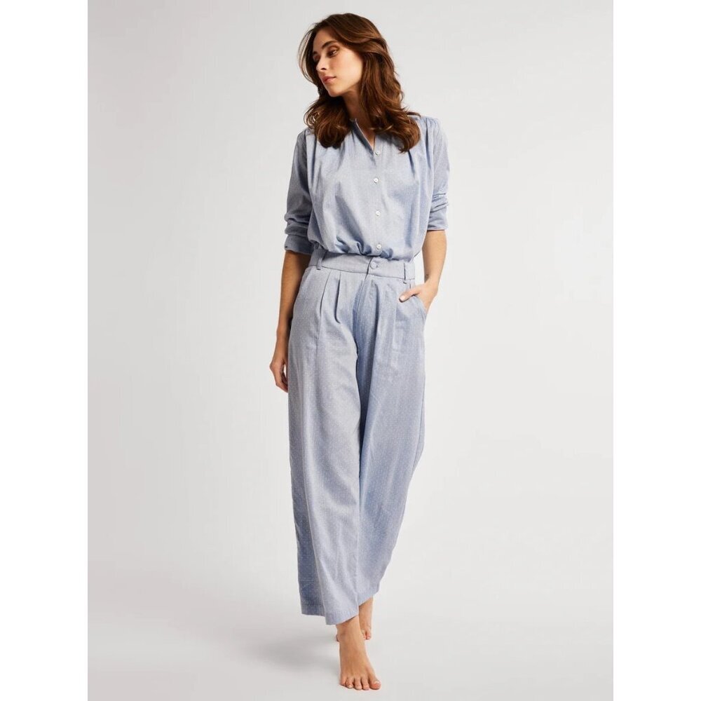 Mille XS Chambray Blue Polka Dot James Pant High Rise Pleated Wide Leg EUC